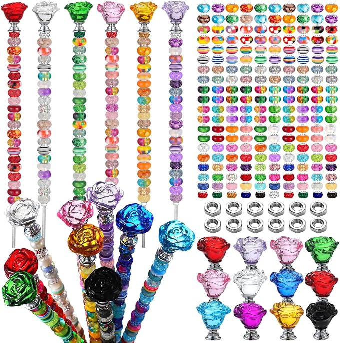 Tigeen 236 Pcs Garden Stake DIY Fairy Wand Plant Stake with 12 Colorful Crystal Stopper Top 12 Threaded Rod with 200 Large Hole Bead for Spring Summer Holiday Outdoor Decorations(Rose Flower)
