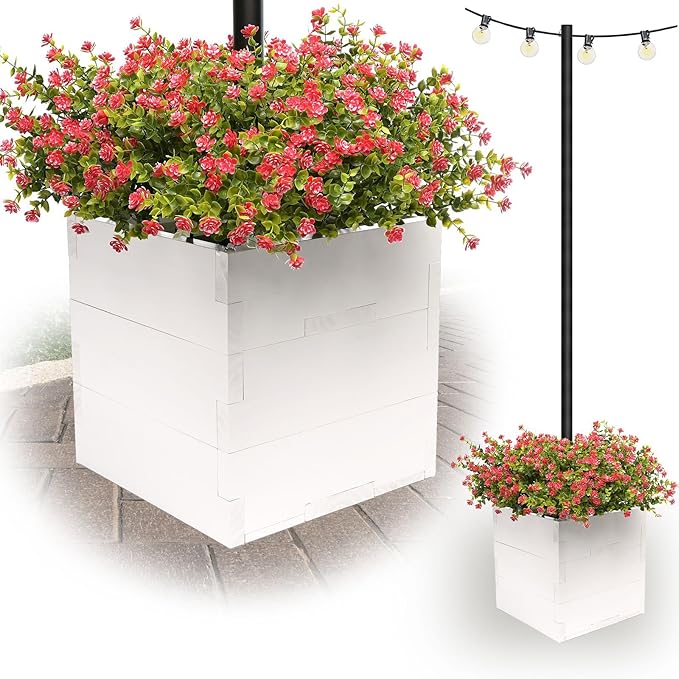 Extra Large Decorative Wooden Planter with Universal Pole Support for String Light Poles, Umbrellas, Bird Feeders. Solid Wood Outdoor Garden Patio Box for Plants or Flowers, 17"x17"x18", White