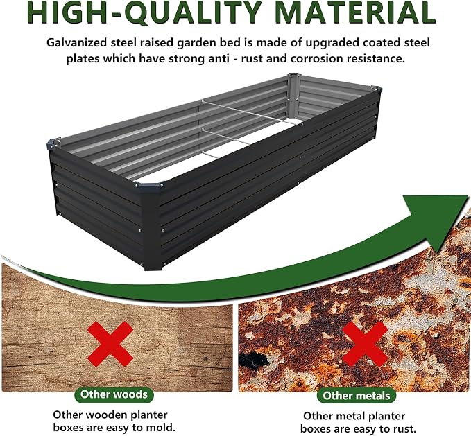 2PCS 8x2x1ft Galvanized Raised Garden Bed Kit,Gardening Planter Box | Outdoor Elevated Metal Planter Box For Vegetables, Flowers, Herbs, Anti-Rust Galvanized Steel, Open Drainage, Sturdy (Black)