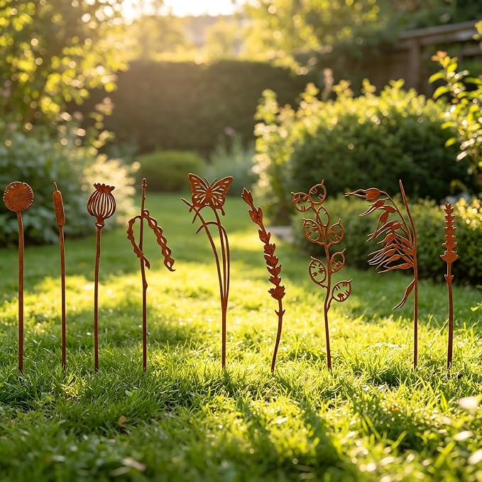 9PCS Metal Garden Stakes Decorative Flower Plant Stakes, Rustic Iron Yard Art Plant Picks for Outdoor Indoor Planters, Succulent Pot Decor, Lawn Patio Garden Ornaments, Gift for Garden Lovers