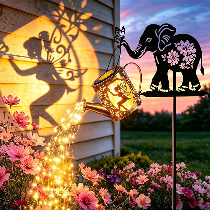 Solar Watering Can Lights Outdoor Decor with Elephant Stake & Fairy Silhouettes, Cascading String Lights for Garden, Patio, Yard - Waterproof Solar Powered Gift for Mom, Housewarming, Birthday