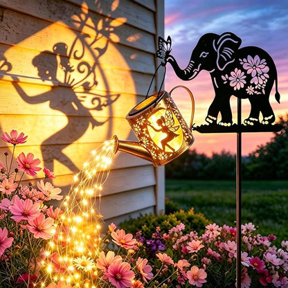 Solar Watering Can Lights Outdoor Decor with Elephant Stake & Fairy Silhouettes, Cascading String Lights for Garden, Patio, Yard - Waterproof Solar Powered Gift for Mom, Housewarming, Birthday