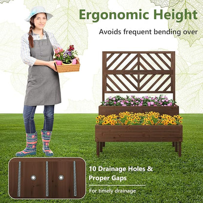 ORALNER Raised Garden Bed with Trellis, 43” x 24.5” x 53” Outdoor 2-Tier Wooden Planter Box with Drainage Holes, Elevated Garden Trellis Planter for Vine Flower Herb Fruit Vegetable (Brown)