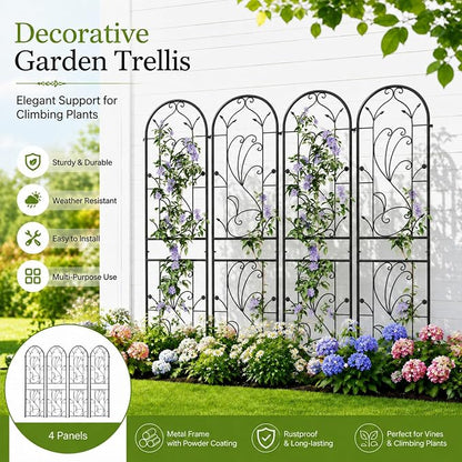 2-Pack 87" x 20" Sunflower Scroll Arch Black Metal Garden Trellises | Set of 2 rust-resistant trellises with Sunflower scrollwork, arched tops, and support for roses, vines, or vegetables