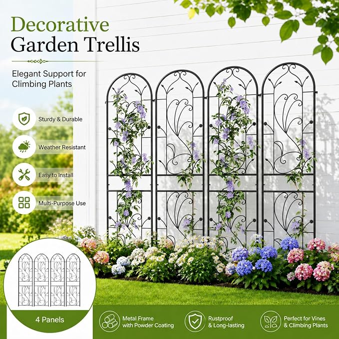 4-Pack 87" x 20" Sunflower Scroll Arch Black Metal Garden Trellises | Set of 4 rust-resistant trellises with floral scrollwork, arched tops, stakes, and support for roses, vines, or vegetables