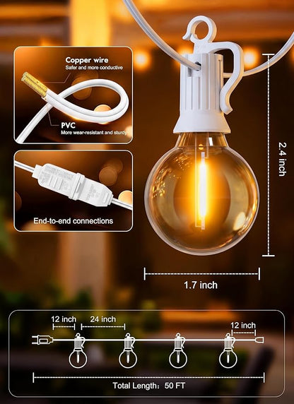 Brightown Outdoor String Lights, 50FT 25 G40 Bulbs Shatterproof Patio Lights, IP65 Waterproof Dimmable Hanging Connectable Globe LED Outdoor Lights for Backyard, Bistro, Porch, Deck, Balcony, White