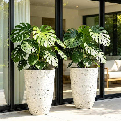 19.5" Tall Resin Planters Set of 2, Faux Birch Bark, White | Resin flower pot, weather and fade resistant, pre-drilled drainage with plugs,Heavy-Duty,indoor outdoor, porch patio garden