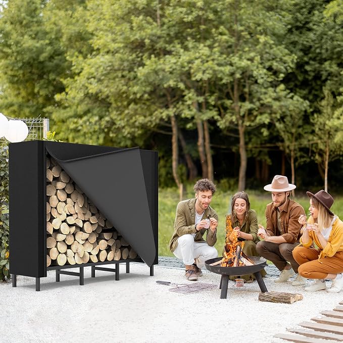 CADUKE 4ft Firewood Rack with Cover, Outdoor Firewood Log Rack for Fireplace, Indoor Firewood Storage, Heavy Duty Fire Wood Stand, Black