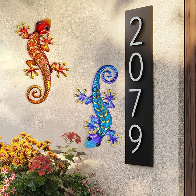 HONGLAND Metal Gecko Wall Art- 15 Inch Lizard Outdoor Decor Hanging Glass Sculpture, 2 Pack Gecko Wall Art Decorations for Garden Fence Home