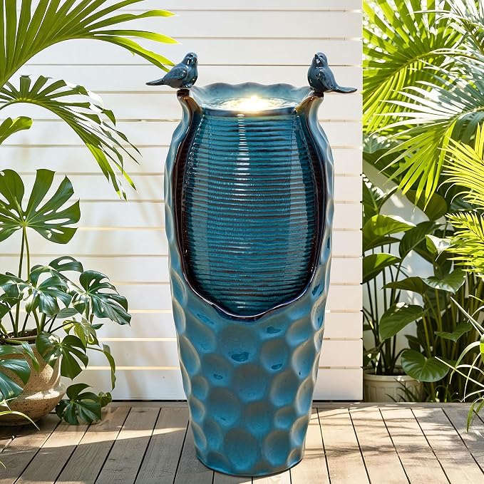 Autodaya 33" Vase Ceramic Outdoor Water Fountain with Lights and Birds | teal blue glazed water feature with textured design, ambient soothing cascading water flow for garden patio yard sanctuary