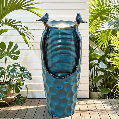 Autodaya 33" Vase Ceramic Outdoor Water Fountain with Lights and Birds | teal blue glazed water feature with textured design, ambient soothing cascading water flow for garden patio yard sanctuary