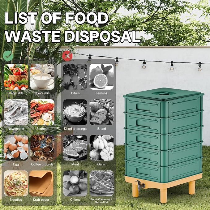 85L Worm Compost Bin, 5-Layer Worm Composter for Indoor & Outdoor, Starter Kits for Vermicomposting Starter, Garden Worm Composting Bin for Recycling Food Waste (Green)