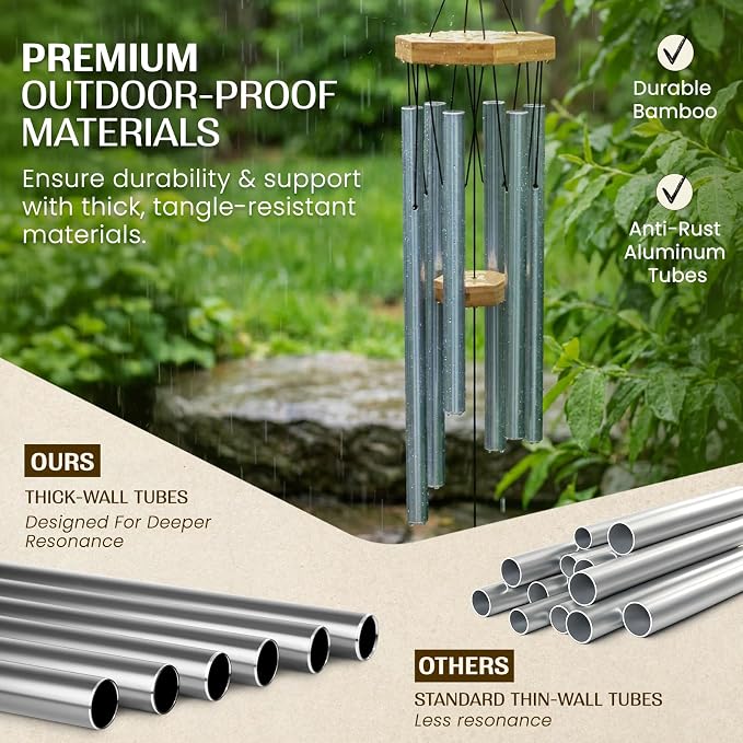 Silver Wind Chimes for Outside, 29 Inch Hand Tuned G Major Pentatonic Wind Chime, Memorial Sympathy Gift for Loss of Loved One, Deep Tone Aluminum Bamboo Garden Patio Porch Decor