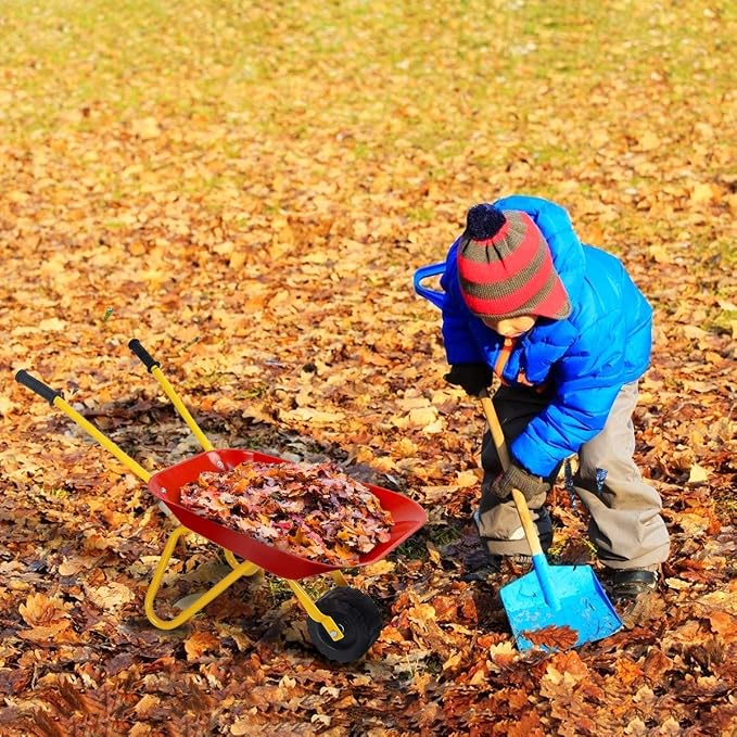 Nightcore Kids Metal Wheelbarrow, Metal Construction Toys Kart, Yard Rover Steel Tray, Tote Dirt, Tools, Leaves in Garden for Toddlers (Red)