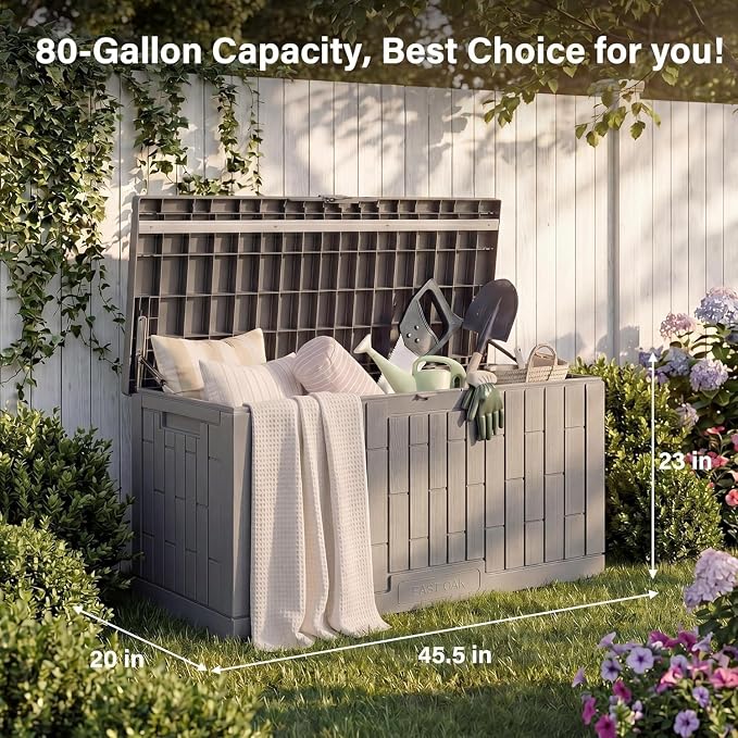 EAST OAK Outdoor Storage Box, 80 Gallon Deck Box, Waterproof Resin Storage Bin for Patio Cushions, Gardening Tools, Lockable, UV Resistant, Ash Grey