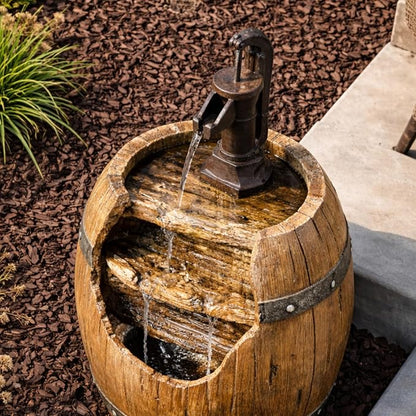 Teamson Home Vintage Barrel Waterfall Fountain with Pump for Outdoor Patio Garden Backyard Decking, 33 Inch Height, Wood | With Pump, Outdoor Patio Garden Backyard Decking, 33 Inch Height