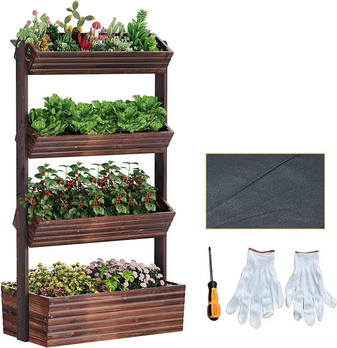 Garden Bed Vertical Wooden Raised Garden Bed Planters Wood Planter Kit Plant Stand Flower Rack Planter Box Gardening Plants Herbs Flowers Vegetables Outdoor Indoor Freestanding (Carbonized 4-Tier)