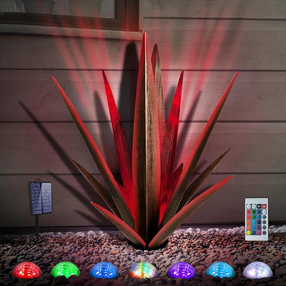 KODIBO Large Tequila Rustic Sculpture, Rustic Metal Agave Plants for Outdoor Patio Yard, Home Decor Hand Painted Metal Agave Garden Yard Statue, Outdoor Lawn Ornaments (Red - L (W/Solar Light))