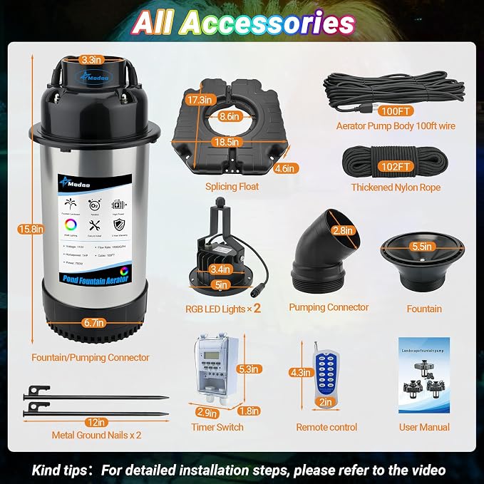 Pond Fountain Aerator with Lights, Dynamic RGB Light 1HP 750W Floating Fountain for Pond Lake, 110V 15000 GPH Fully Automatic Stainless Steel Fountain Pump 100Ft Cord with 2 LED Lights and Nail, Rope