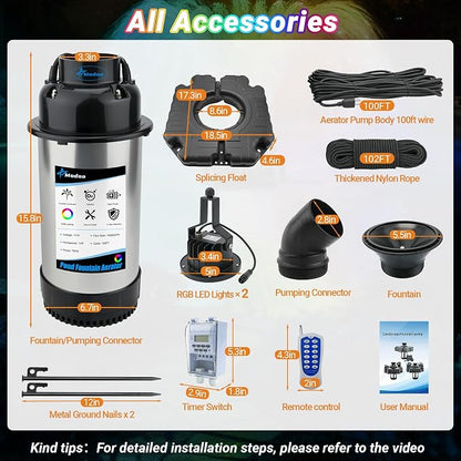 Pond Fountain Aerator with Lights, Dynamic RGB Light 1HP 750W Floating Fountain for Pond Lake, 110V 15000 GPH Fully Automatic Stainless Steel Fountain Pump 100Ft Cord with 2 LED Lights and Nail, Rope