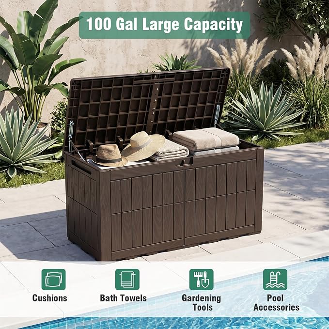 Tangkula 100 Gallon Outdoor Storage Box, Waterproof PP Resin Patio Storage Box with Lockable Lid for Indoor & Outdoor Use, 2-in-1 Rattan Design Deck Box for Cushions, Garden Tools