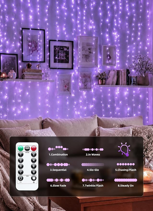 Brightown 300 LED Purple Halloween Fairy Curtain Lights, 9.8ft x 9.8ft String Lights, USB Plug in 8 Lighting Modes Christmas String Hanging Lights with Remote for Bedroom Indoor Outdoor Party Xmas
