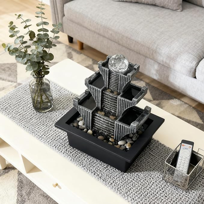Tabletop Waterfalls Mountain with Pagoda Stepped & Spining Orb, Indoor Soothing Zen Fountain s for Home Office Relaxation