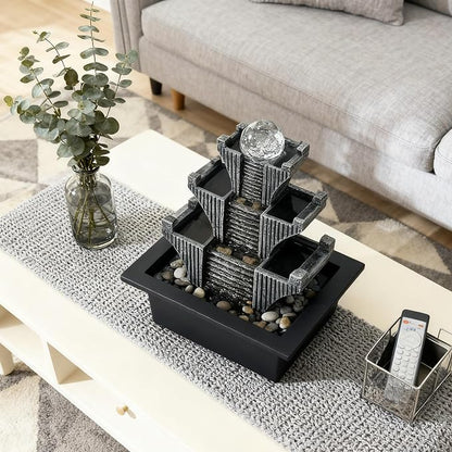 Tabletop Waterfalls Mountain with Pagoda Stepped & Spining Orb, Indoor Soothing Zen Fountain s for Home Office Relaxation