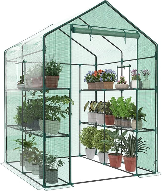 OLIXIS Outdoor Greenhouse, Walk-in Greenhouse with 2 Tier 8 Plant Shelves, Durable PVC Cover, 56"x56"x77" Portable Greenhouses for Outdoor Garden, Patio, Porch, Backyard Green Houses, Green