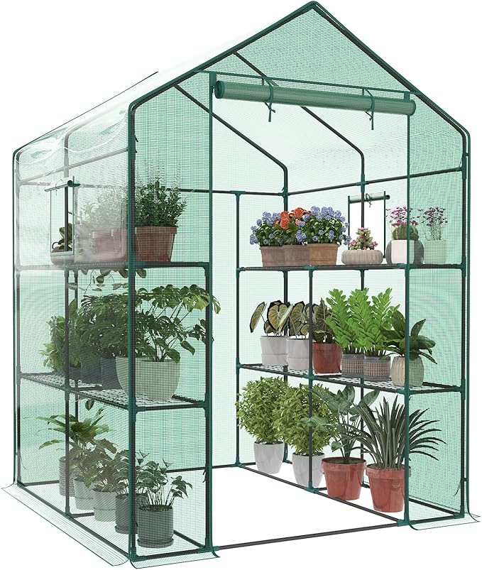 OLIXIS Outdoor Greenhouse, Walk-in Greenhouse with 2 Tier 8 Plant Shelves, Durable PVC Cover, 56"x56"x77" Portable Greenhouses for Outdoor Garden, Patio, Porch, Backyard Green Houses, Green