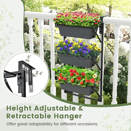 Giantex Set of 2 Vertical Raised Garden Bed, Hanging & Wall-Mounted Planter Garden Boxes, Adjustable Shelf & Detachable Hooks, 3-Tier Railing Raised Beds for Flower Strawberry Vegetable