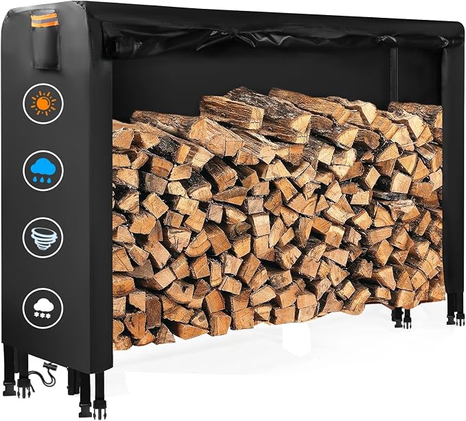 DOCEPERT 8 FT Outdoor Firewood Rack Cover (Log Rack not Included) - Waterproof Zippered Firewood Storage Cover with Openable Front Flap, 420D Oxford Fabric, Fits 96"X24"X49" Wood Racks, Black