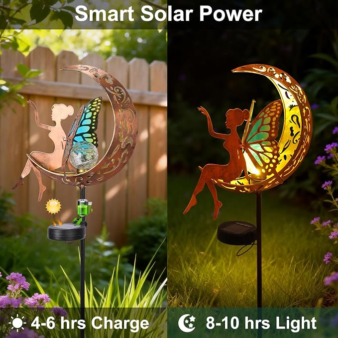 Solar Fairy Garden Light Outdoor Yard Decor Gifts for Women Mom Grandma | Solar Auto On/Off, IP65 Waterproof Rustproof, Easy Stake Install, Durable Metal Build, Cracked Glass Moonlight Glow