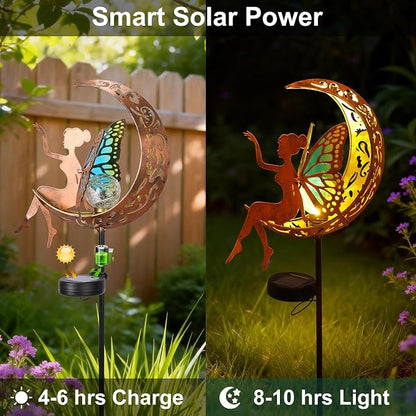 Solar Fairy Garden Light Outdoor Yard Decor Gifts for Women Mom Grandma | Solar Auto On/Off, IP65 Waterproof Rustproof, Easy Stake Install, Durable Metal Build, Cracked Glass Moonlight Glow