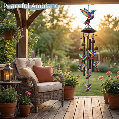 36" Rainbow Hummingbird Wind Chimes for Outside, Memorial Sister Gifts | Rainbow-gradient birds, black aluminum tubes, bells & S-hook. A soothing rustic deep tone decor for spring courtyards