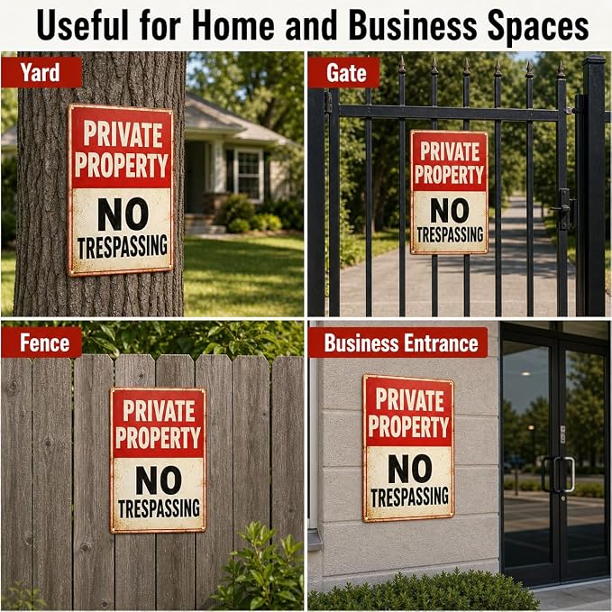 Private Property Tin Sign, 12 x 8 Inch No Trespassing Aluminum Metal Wall Decor, Vintage Notice Sign for Gate, Fence, Porch, Driveway, Entryway