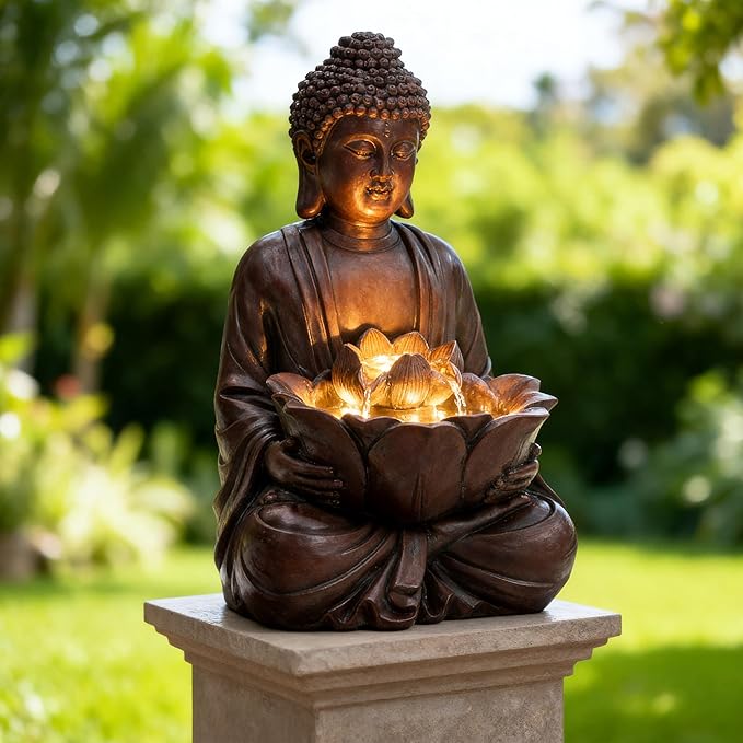 AUTODAYA 18.9" H Buddha Statue Outdoor Water Fountain with Warm LED Lights | Zen Style Garden Fountain with Relaxing Waterfall for Patio, Porch, or Yard Decor, Faux Bronze