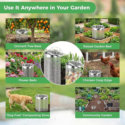 2 Pack Worm Composter Worm Bin, Stainless Steel Inground Compost Bin with Handle, Metal Worm Composting System for Kitchen Food Waste Recycling, Outdoor Garden Vermicomposting Bin w/Lid, Easy Install