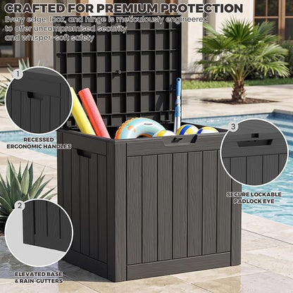 Outdoor Storage Box, 35 Gallon Waterproof Deck Box [Upgraded 3.1], Tool-Free Resin Storage for Patio Cushions, Balcony Pool Toys, Lockable Outside Side Table Ottoman, Balcony, Black
