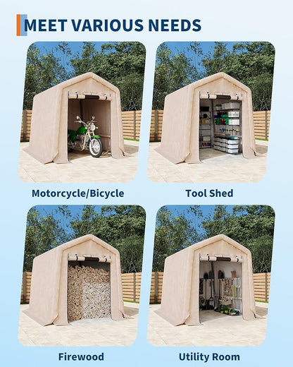 GarveeLife 6x6 ft Outdoor Portable Storage Shed with Roll-Up Door & Vent, 240G Heavy-Duty Shelter Waterproof PE Tarp, UV-Resistant Storage Sheds for Motorcycle, Firewood, Garden and Tools -Khaki
