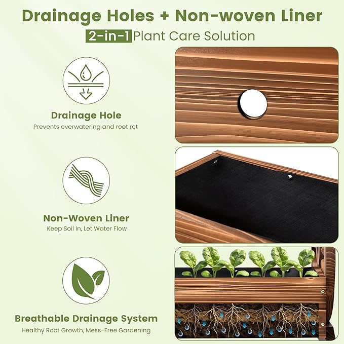 24" Extra Large Rustic 2-Tier Wooden Wagon Planter Box | Carbonized wood flower cart with 2 tiers, drainage holes, liner, and wagon wheels for porch, patio, and garden decor