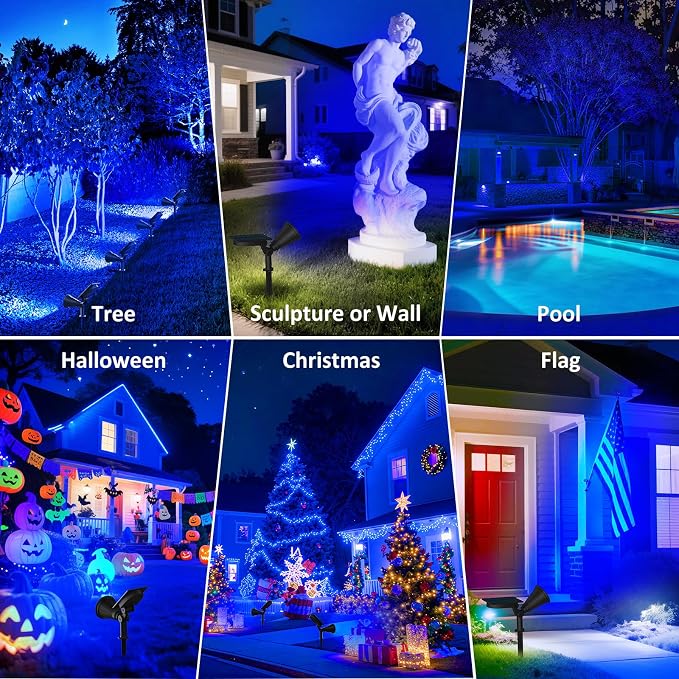 T-SUNUS Solar Landscape Spotlights Outdoor, Blue LED Solar Spot Lights Adjustable Panel, 2 Lighting Modes, Auto On/Off, IP65 Waterproof, 2-in-1 Ground & Wall Mount for Yard Garden Pathway 4 Pack