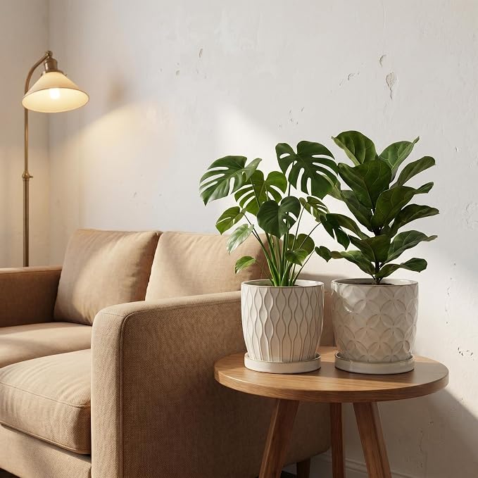 Nihow Ceramic Plant Pots with Drainage Hole & Saucer, 4.75 Inch, White-1 | Small,Embossed Design, For Succulent, Cactus, Little Snake, Indoor Plants