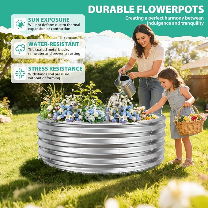 YSEJOMP 17" Tall 48" Diameter Round Raised Garden Bed Kits Outdoor Silver | Heavy Duty,Rustproof,Durable & Stylish,1.5 FT Tall,4FT Planter Bed,0.8MM Thick Galvanized Metal,with Gloves,Tool free
