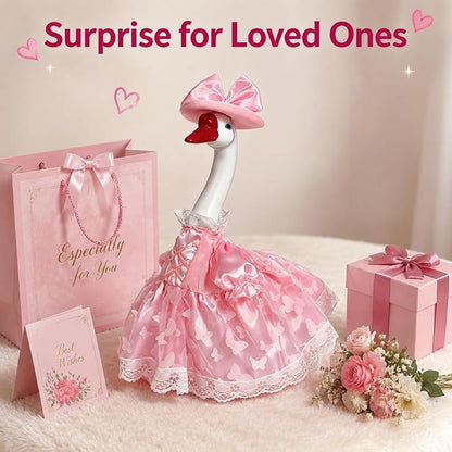 Porch Goose Statue with Princess Outfits - Cute Resin Goose Figurine with Pink Princess Dress Bow Hat, Waterproof Weather Resistant Garden Decor for Patio Lawn Room, Gift for Women Goose Lovers