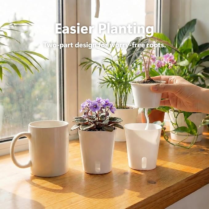 10 Pack 3 Inch Self Watering Pots for Indoor Plants, White Plastic Planters with Water Level Indicator, Drainage Holes & Wick, Small Plant Pots for Cuttings, Seedlings, Herbs, African Violets