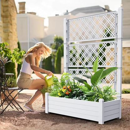PatioZen Raised Garden Bed with Trellis for Climbing Plants, 43.43" L x 18.27" W x 59.29" H Planter Box with Self Watering Drainage Holes for Outdoor Backyard Patio Balcony, Anti-Rust Resin (Ashen)