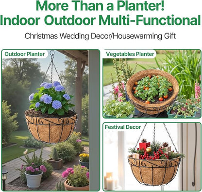AMAGABELI GARDEN & HOME 4 Pack 15 Inch Metal Plant Hanging Baskets Planter Flower Pots Outdoor Indoor Wire Hanging Basket for Vegetable with Coco Fiber Liners for Garden Home Porch Decor