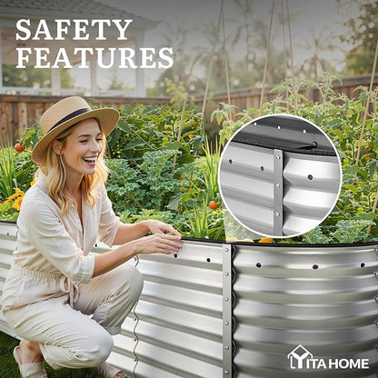 YITAHOME 2pcs 8x2x2ft Galvanized Oval Raised Garden Bed, Metal Planter Box with Safety Rubber, Gloves, Outdoor Flower Bed for Planting Plants Vegetables, Silver