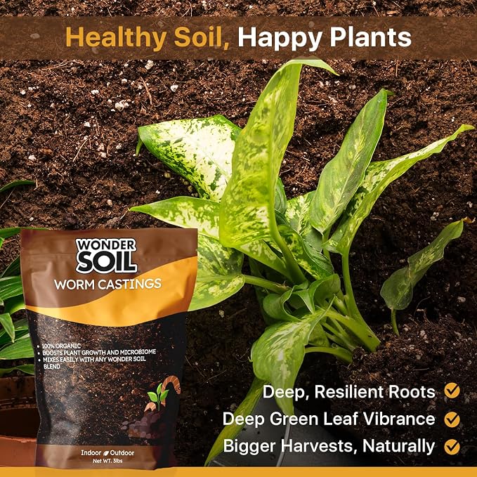WONDER SOIL | Premium Organic Worm Castings for Plants | 3 lbs (2 Quarts) Bag Natural Soil Amendment for Indoor & Outdoor Plants, Vegetables, Flowers, Gardens | Fertilizer & Compost Enhancer | 3LBS